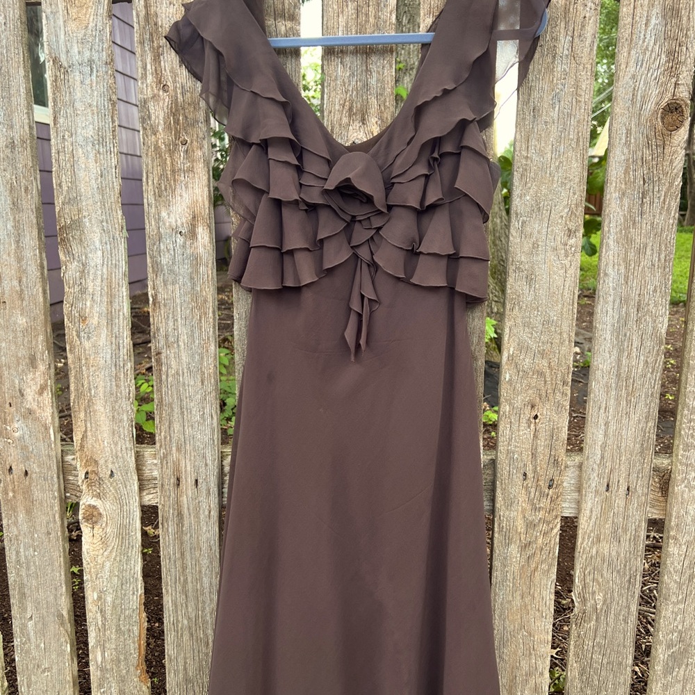 Max & Cleo brown sleeveless silk dress with ruffled bodice in Size 10, lined - Picture 2 of 11